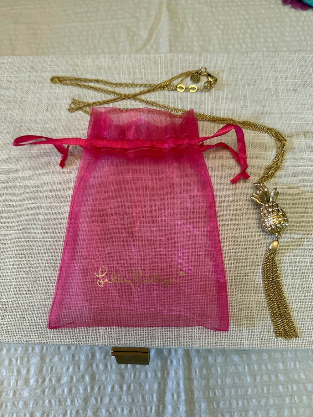 Lilly Pulitzer Gold Pineapple Tassel Necklace with Hot Pink Organza jewelry bag